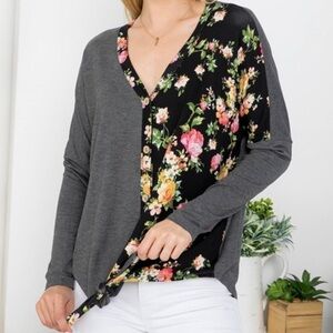 Charcoal BLACK FLORAL PRINT BUTTON DOWN V-NECKLINE WITH KNOT TWIST TOP NEW ITEM!